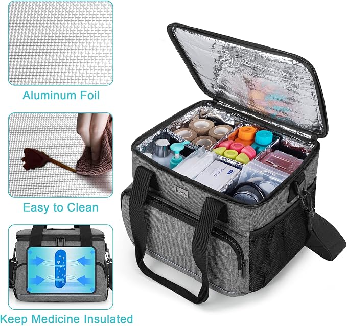 Trunab Insulated Medical Bag with Dividers, Medicine Pouch,Grey | Empty Bag for Custom Setup, Ideal for Home, Travel and Camping
