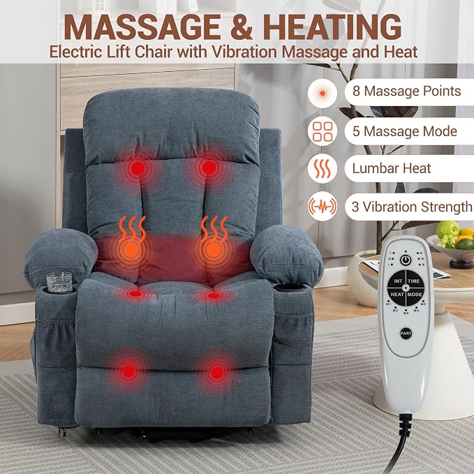 Power Lift Recliner Chair for Elderly, Electric Lift Chair with Vibration Massage and Lumbar Heat, Reclining Chair with USB Charging Port, Cup Holders, Ergonomic Sofa for Living Room, Blue