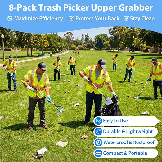 8 Pack 32 Inch Grabber Reacher Tool, Trash Grabbers, Trash Pickers | Heavy duty grabber tool and trash picker upper grabber for adults, seniors, schools, facilities and cleanup crews.