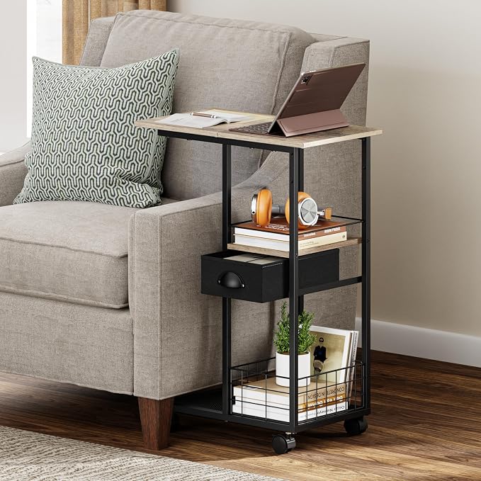 Rolling C Shaped Side Table with Storage Drawer, Ivory Portable Desk on Wheels, Bedside Table for Sofa Couch & Bed, Small Overbed Laptop Desk, Mobile Coffee End Table for Bedroom Living Room Dorm