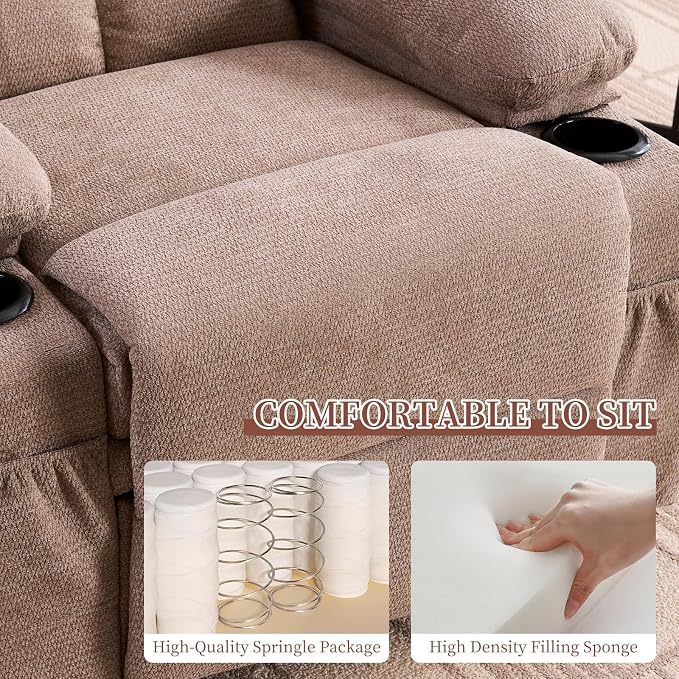 Recliner Chairs for Adults and Elderly, Swivel Rocker Recliner with Massage and Heating, Manual Reclining Chair with Cup Holders and Side Pockets, Comfy Rocking Chair for Living Room, Brown