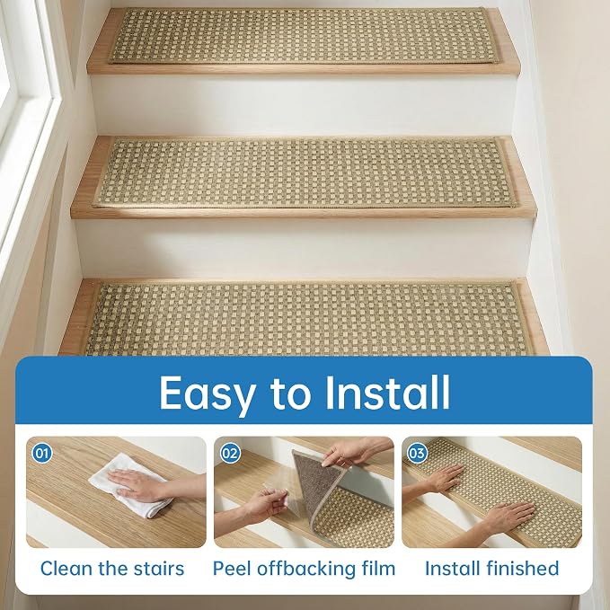 Chenille Stair Treads for Wooden Steps 8"x30" (4 Pack), Ultra Soft Non-Slip Carpet Stair Runners Indoor, Peel and Stick Self-Adhesive Step Rugs for Kids & Dogs, Machine Washable, Beige