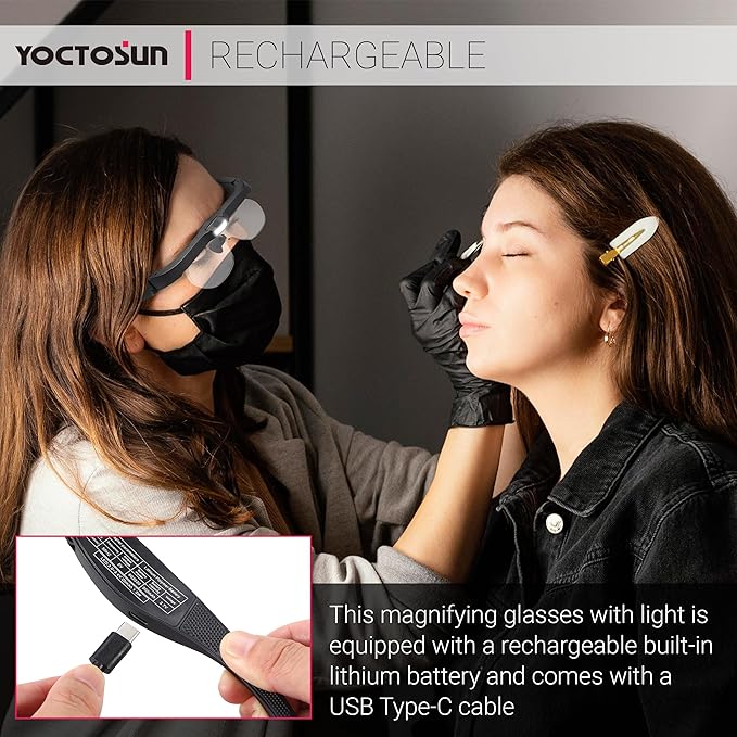YOCTOSUN Magnifying Glasses with Light, Rechargeable Head Magnifier Glasses with 3 LED Lights and Detachable Lenses 1.5X, 2.5X, 3.5X, 5X, Magnifying Headset for Close Work Hobby Jewelry Crafts