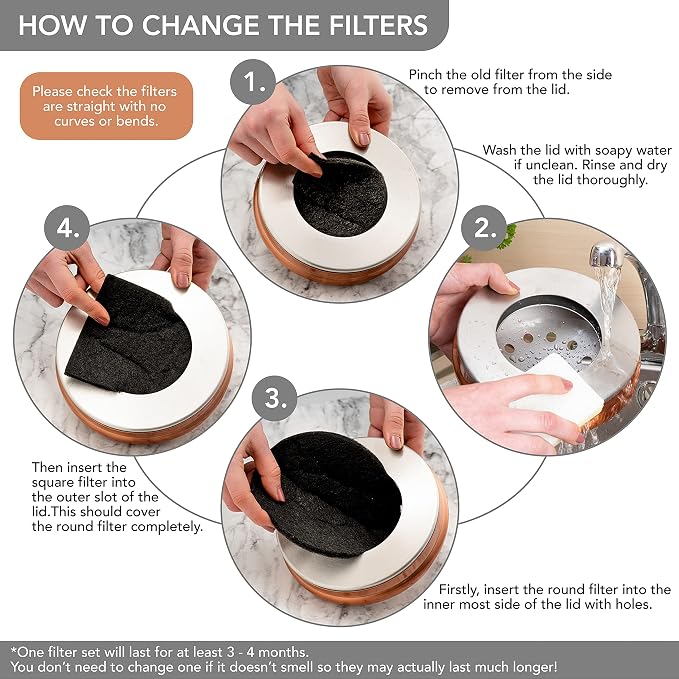 Premium Compost Bin for Kitchen Countertop - Stainless Steel Food Waste Bucket with Innovative Dual Filter Technology - Includes Spare Filters (Matt Copper, 1.3 Gallon)
