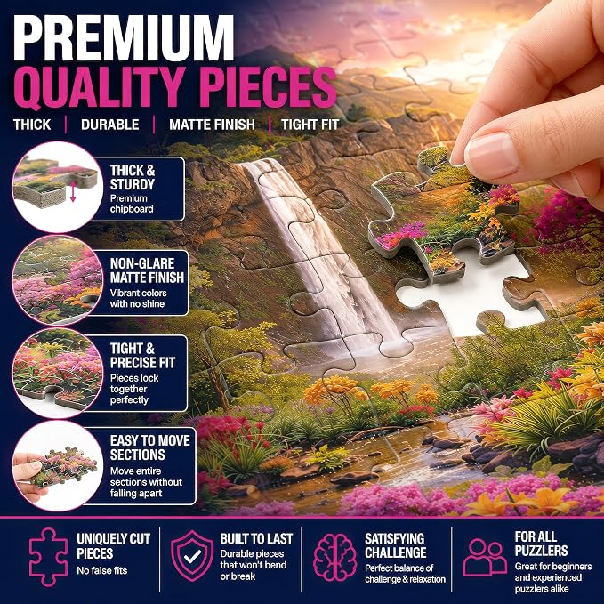 Adult Jigsaw Puzzle Hawaiian Waterfall 1000 Piece | Features a colorful tropical flowers and waterfall sunset scene. Great for game nights on a table, puzzleboard, or floor.