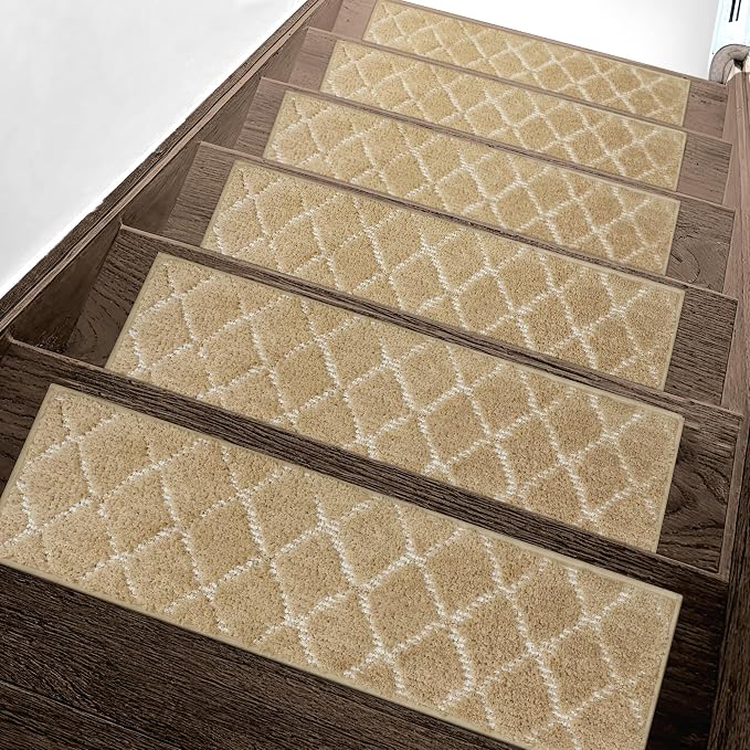 sarben 8"x30" Non Slip Stair Treads for Wooden Steps 15 Pack, Tan White | Peel and Stick Carpet Stair Runner with TPE Adhesive Backing, Carpet for Added Safety, Pet and Senior Friendly
