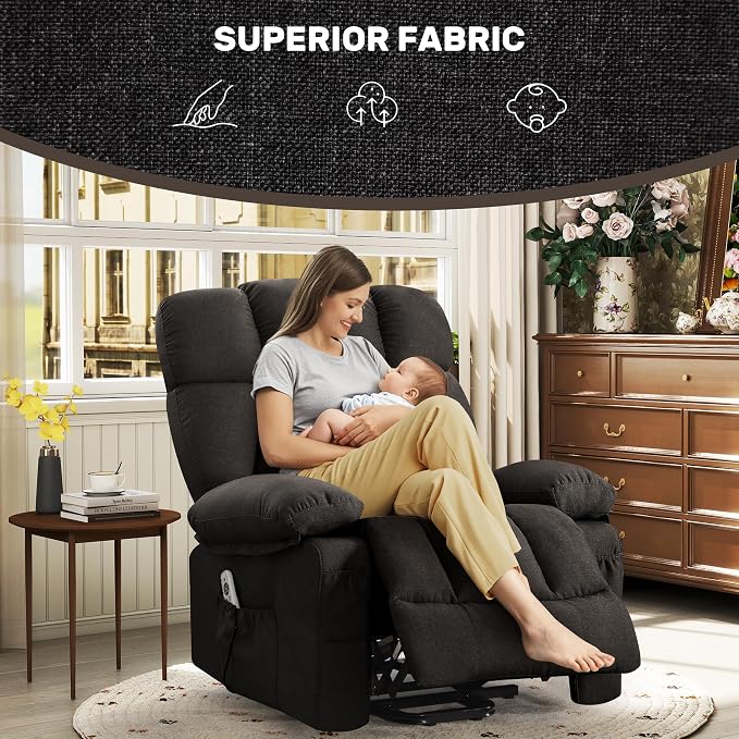 Power Lift Recliner Chair for Elderly, Big and Tall Lift Chair with Massage and Heat for Living Room, Fabric Electric Recliner Chairs with 4 Side Pockets, USB Charge Port,Black