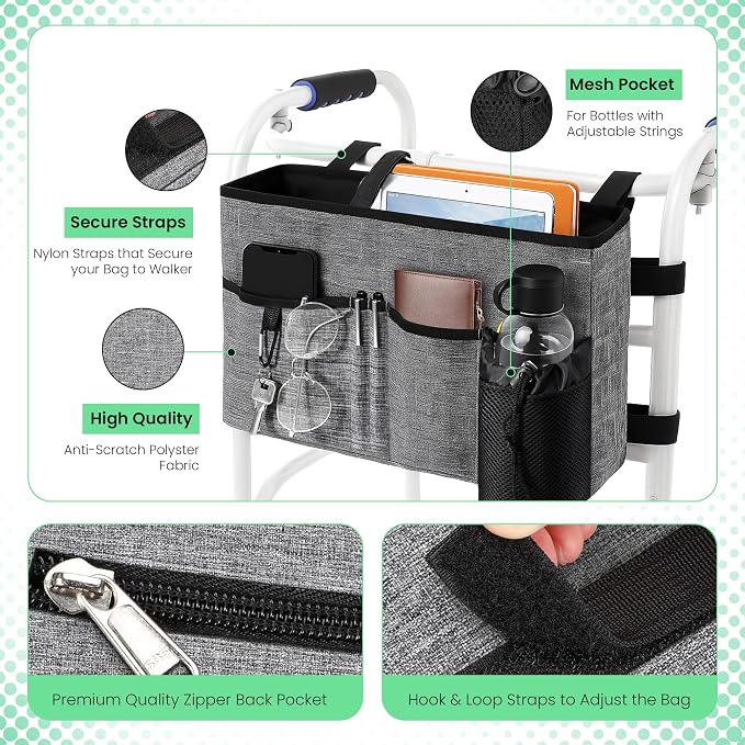 Walker Bag with Cup Holder & Multiple Pockets – Large Capacity Folding Walker Organizer, Caddy with Side Bottle Pocket & Carry Handles – Walker Accessories for Seniors & Elderly (Gray)