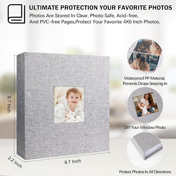 4x6 Photo Album Holds 240 Photos with Writing Space, Linen Cover Picture Book with Front Window for Family Wedding Baby Travel & Graduation Memories, Grey