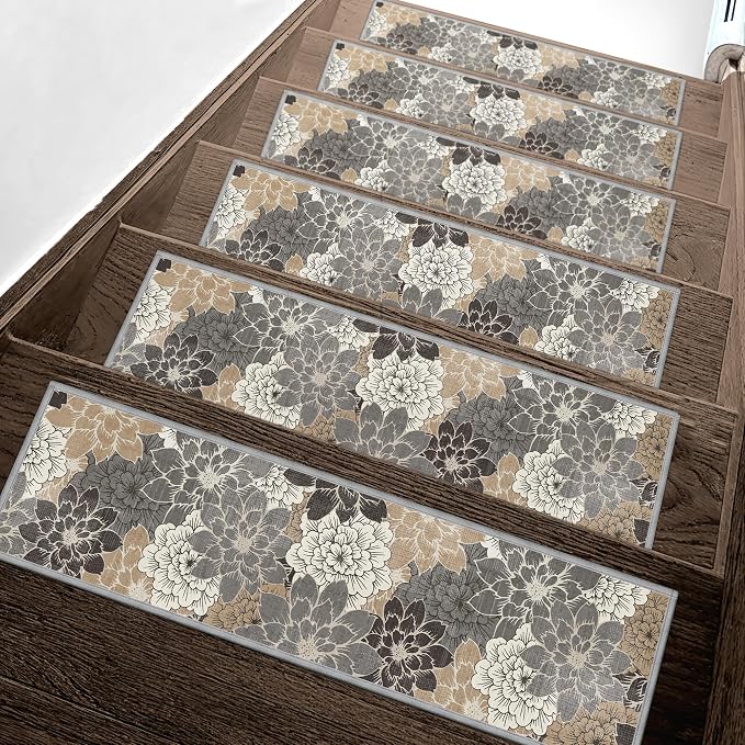 SARBEN 8"x30" Non Slip Stair Treads for Wooden Steps 15 Pack, Coffee Brown | Peel and Stick Carpet Stair Runner with TPE Adhesive Backing, Carpet for Added Safety, Pet and Senior Friendly