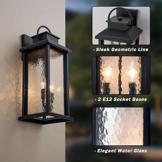 20 Inch Large Porch Lights Outdoor Wall Mounted Light | Matte Black, 2-Light Design, E12 Sockets, Water Glass, Hardwired, Waterproof Outdoor Light Fixture for House