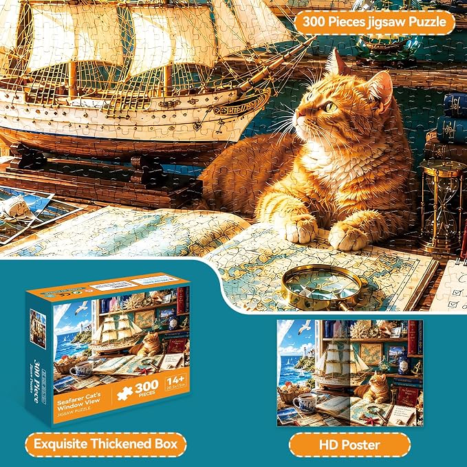 300 Piece Jigsaw Puzzle for Kids & Adults – Nautical Ocean Puzzle with Sailboat, Lighthouse, Cat and Vintage Coastal Room Scene, Family Game Puzzle Gift for Boys Girls Ages 8+, 20.5 x 15 in