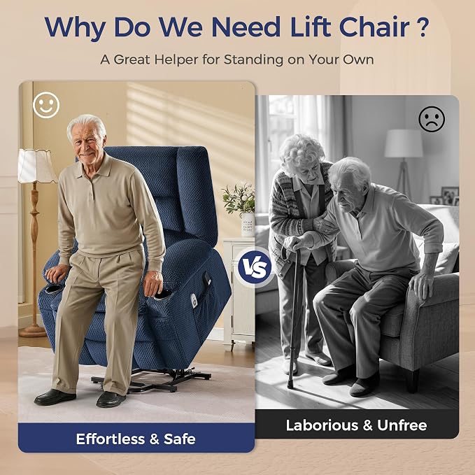 Power Lift Recliner Chair for Elderly, Electric Reclining Lift Chair with Massage and Heating, Comfy Overstuffed Recliner Single Sofa with Cup Holders,Pockets,USB Charge Port for Living Room,NavyBlue