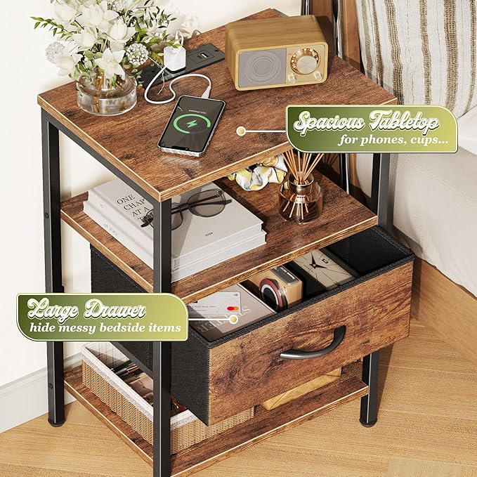 SUPERJARE Nightstand with Charging Station, Bed Side Table with Adjustable Fabric Drawer, Night Stand for Bedroom, 3-Tier Storage End Table, for Living Room, Rustic Brown | Night Stand for Bedroom, with Adjustable Fabric Drawer, 3-Tier Storage End Tabl...