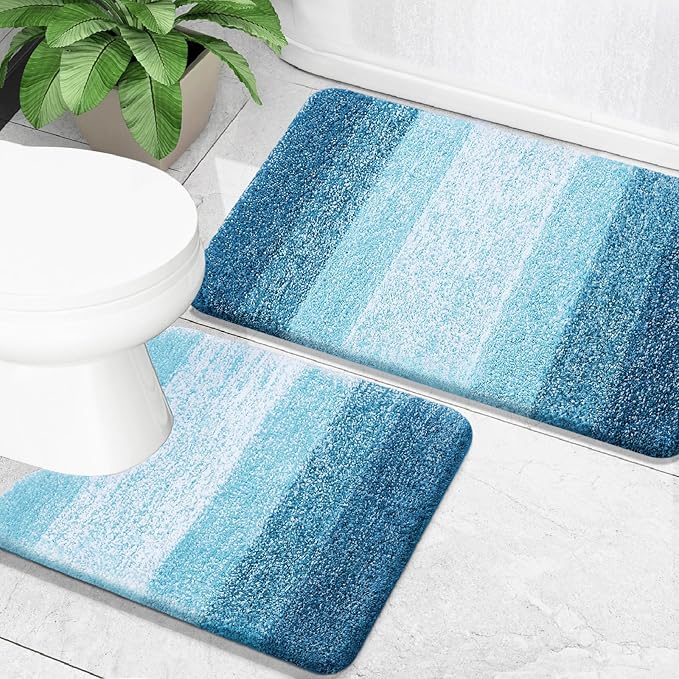 OLANLY Bathroom Rug Set 2 Piece, Soft Absorbent Microfiber Bath Mats and U-Shaped Contour Toilet Rug, Non-Slip, Machine Wash Dry, Plush Shaggy Bath Mats for Bathroom (30"x20"+U24 x20, Peacock Blue)
