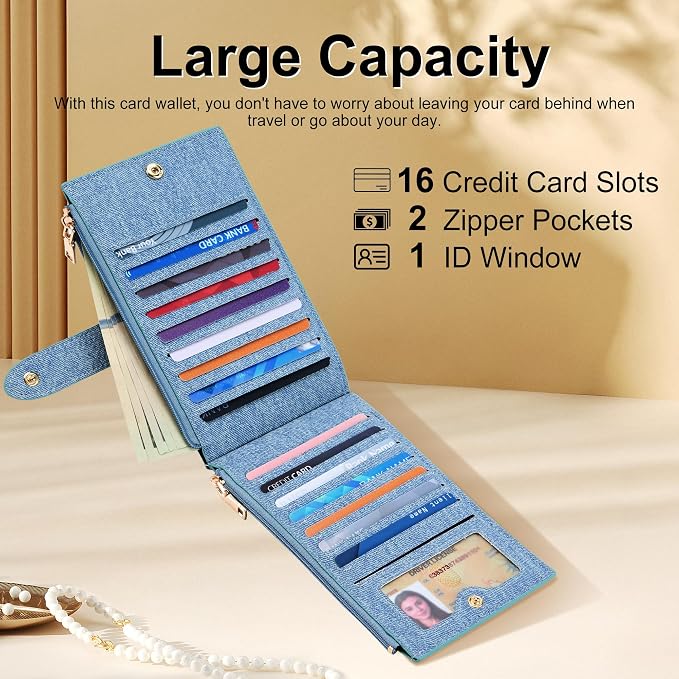 Travelambo Womens Leather Bifold Wallet, Slim RFID Blocking Card Holder | Large Capacity, 16 Card Slots & ID Window, 2 Zipper Pockets, Dual Snap Closure, Slim Lightweight, RFID Privacy Protection