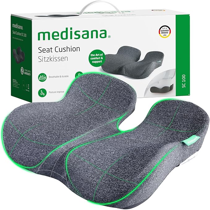Medisana Seat Cushion, SC 100 Seat Cushions for Office Chairs, Car Seat, Wheelchair - Sciatica & Tailbone & Coccyx Pain Relief Pillow for Driver Sedentary（Size:18 * 14.6 * 3.54 in-Grey）