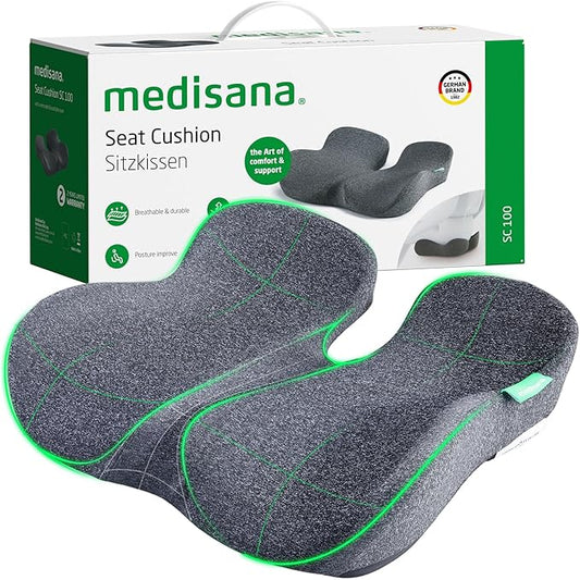 Medisana Seat Cushion, SC 100 Seat Cushions for Office Chairs, Car Seat, Wheelchair - Sciatica & Tailbone & Coccyx Pain Relief Pillow for Driver Sedentary（Size:18 * 14.6 * 3.54 in-Grey）