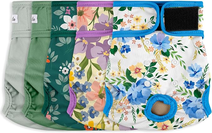 Female Dog Diapers 5Pcs - Premium Reusable Diapers for Doggie in Heat - Highly Absorbent Dog Diapers Female for Pet Incontinence with Adjustable Snaps, Green, XL