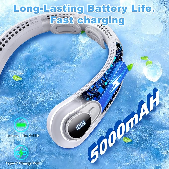 Portable Neck Fan Rechargeable - [with LED Display] 5 Speeds, 5000 mAh Battery Operated Wearable Personal Cooling Bladeless Fan for Outdoor Travel, Gifts for Men Women Kids,Gray
