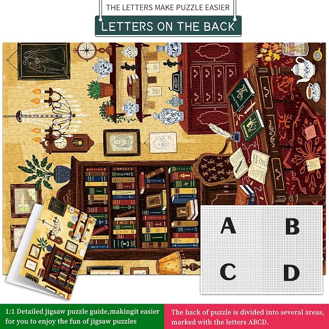 1000 Piece Jigsaw Puzzles for Adults, Study Room Puzzle with 1:1 HD Poster, Precise Interlocking, Letter Markings on Back, Dust-Free, Stress Relief & Ideal Family Game Gift