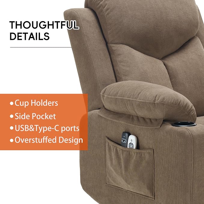 Ketaiyou Electric Power Lift Recliner Chair Sofa with Massage and Heat for Elderly, USB and Type-C Ports, Cup Holders, Infinite Position (Coffee 2, Regular)