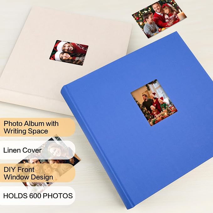 4x6 Photo Album Holds 600 Photos with Writing Space, Linen Cover Picture Book with Front Window for Family Wedding Baby Travel & Graduation Memories, Blue