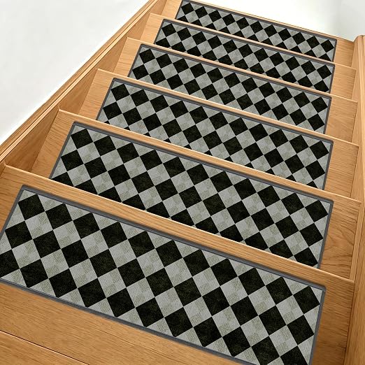 Non Slip Stair Treads for Wooden Steps, 4 Pack 8"x30" Washable Carpet | 8x30 in soft chenille polyester stair treads with reusable TPE backing for indoor wood stairs, dogs, kids, and seniors