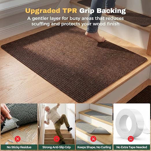 MBIGM Carpet Stair Landing Mat, 1 Pack, 2'6" x 2'6", Brown | Polyester carpet surface with PP mesh, nonwoven cushioning, and TPR adhesive backing for indoor stair coverage.