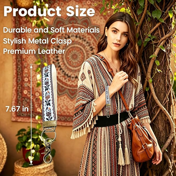 Boho Vintage Embroidered Floral plant Wristlet Keychain for Women | Cute Lanyard&Antique Brass Clasp, Lightweight Hands-Free Key Holder for keys,purses,handbags and daily outdoor use for ladies