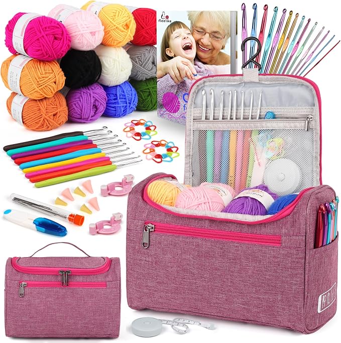 Aeelike Crochet Kit for Beginners Adults Kid, Complete Crochet Kits, Pink | Crochet Kit for Beginners Young and Old, All-inclusive Kit with Crochet Hooks 655 Yards Yarn Instruction Knit Bag, Ideal Gift
