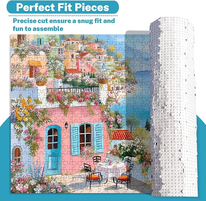 500 Piece Jigsaw Puzzle for Adults, Colorful Mediterranean Coastal Village | Ocean views, blooming terraces, sailboat, oil-painted charm; ideal for family game night, wall decor and thoughtful gifts.