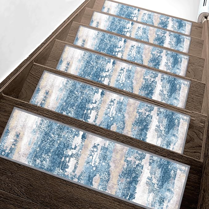 sarben 8"x30" Non Slip Stair Treads for Wooden Steps 15 Pack, Sapphire Sand | Peel and Stick Carpet Stair Runner with TPE Adhesive Backing, Carpet for Added Safety, Pet and Senior Friendly