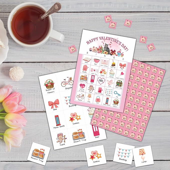 Happy Valentine's Day Bingo Games - Valentines Bingo Card - 24 Players Bingo Game Set for Adult Family Friends - School Classroom Indoor Outdoor Activities - Valentine Party Favors Supplies -C01