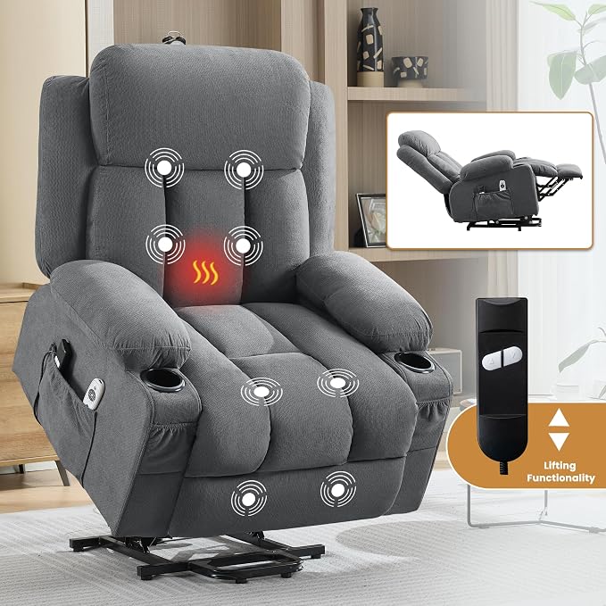 MAHOMICO Power Lift Recliner Chair for Elderly with Vibration Massage and Lumbar Heating Oversized Single Sofa with Cup Holder and USB Charge Port for Living Room