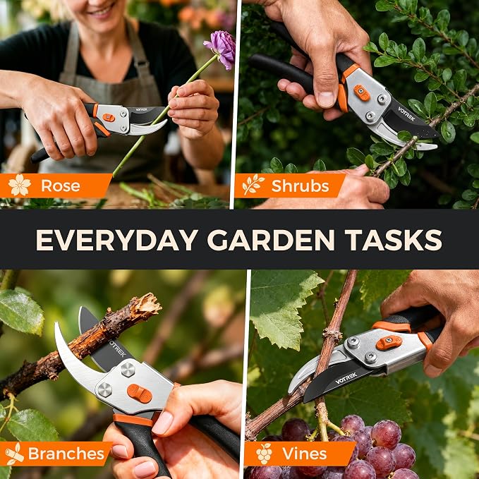 VOTREK® 8.5" Bypass Pruning Shears, Jam-Proof Spring Clippers for branches | Sharp & Anti-Rust SK5 Blade, Ergonomic Non-Slip Grip for Weak Hands, Garden Pruner for Rose, Bonsai, Heavy Duty Tree Trimming