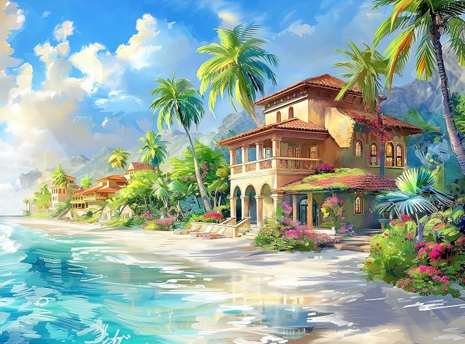 Adult Jigsaw Puzzle 1000 Piece Beach House | Features a tropical beachhouse scene with ocean waves and flowers. Great for game nights on a table, puzzleboard, or floor.
