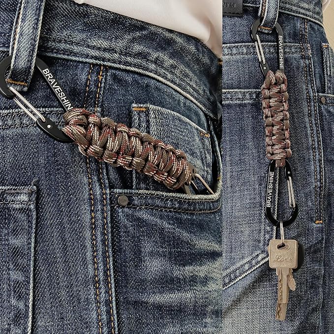 BRAVESHINE Paracord Keychain Carabiner Clip | D Ring Hanger Lanyard Hook | 7.3inch Long | for Stroller, Water Bottle, Key, Backpacks, Men, Women, Luggage, Car Seat Headrest, Fence, Bag Charms