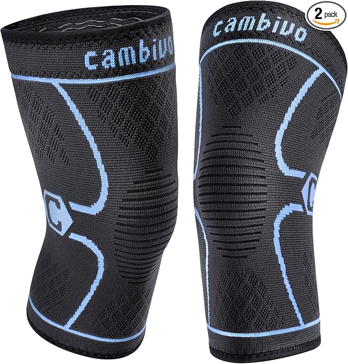 CAMBIVO 2 Pack Knee Brace, Knee Compression Sleeve for Men and Women, Knee Support for Running, Workout, Gym, Hiking, Sports (Blue,Medium)
