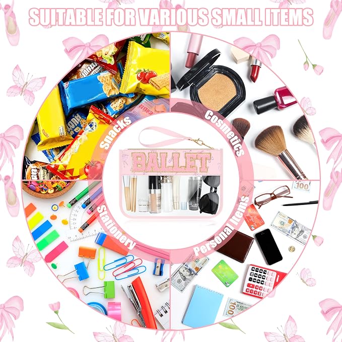 BuyCard Ballet Gifts Cosmetic Makeup Bag with Chenille Letter Patch, Clear Pouch PVC Organizer Purse, Waterproof Travel Bag, Portable Toiletry Storage Bags for Her Girls Friends Women