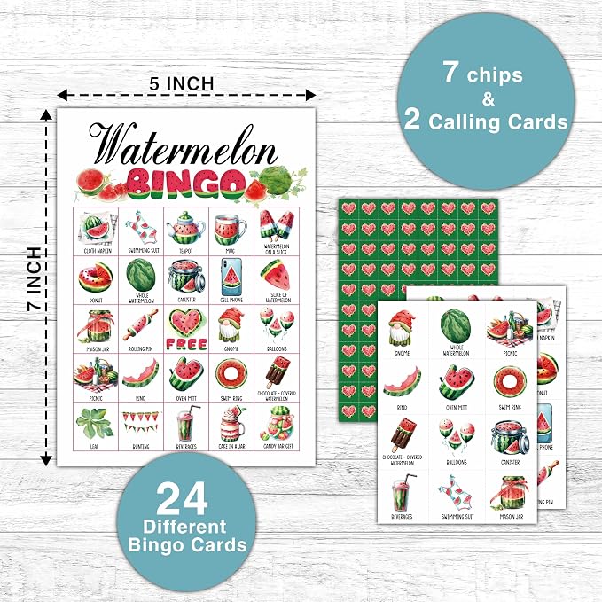 Watermelon Bingo Games - Summer Bingo Card - 24 Players Bingo Game Set for Adult Family Friends - Indoor Outdoor Activities - Fruit Themed Birthday Party Favors Supplies -C08