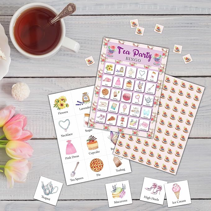 Garden Tea Party Bingo Game Card - 24 Players Bingo Games Set Indoor Outdoor Activities - Bridal Shower, Birthday, Tea Party Favors Supplies -A04