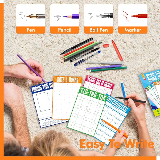 Gethelud Road Trip Game Pad, 80 Tear-Off Sheets 5 Classic Games in 1 Pad, Dots & Boxes, Tic-tac-Toe, Categories, Plane Travel, Car Trip Activity, Pen Pencil & Paper Game for Kids, Adults (4” x 6”)