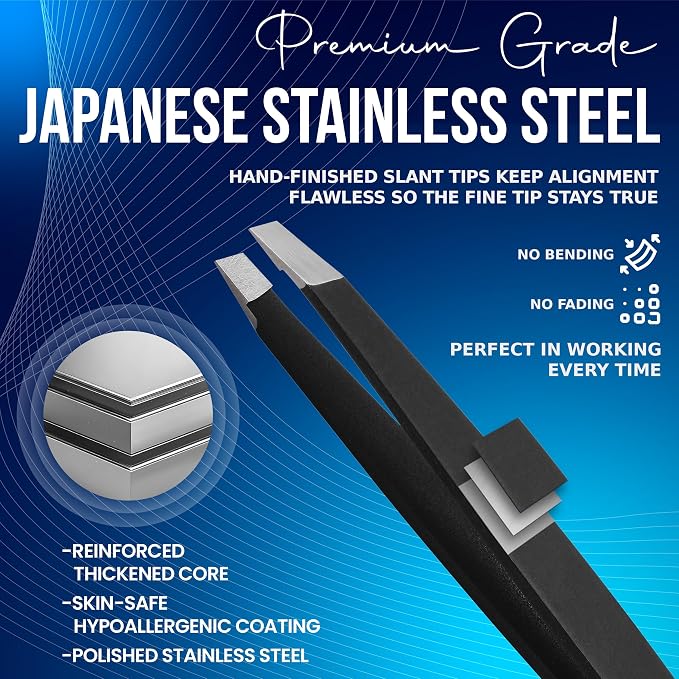 Slanted Stainless Steel Tweezers for Men & Women - Precision Eyebrow Tweezers for Facial Hairs, Strong Grip, Fine Tip, Professional Tweezer for Plucking & Grooming (Matt Black)