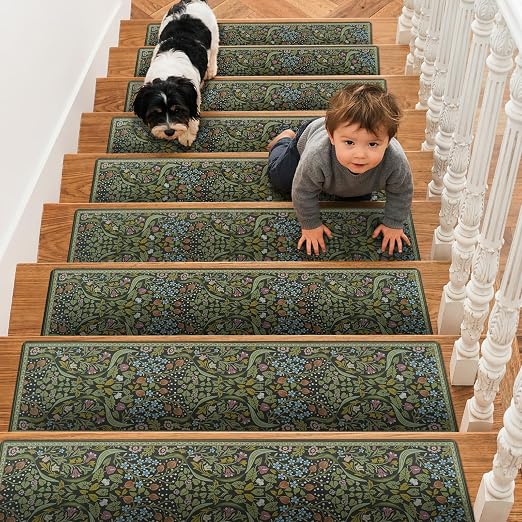 OJIA Stair Treads Non-Slip Stair Runner for Wooden Steps Indoor 15PC 30"x8" | Carpet Stair Treads Floral Stair Mats Staircase Step Treads for Kids, Elders and Dogs, Stair Covers, Green