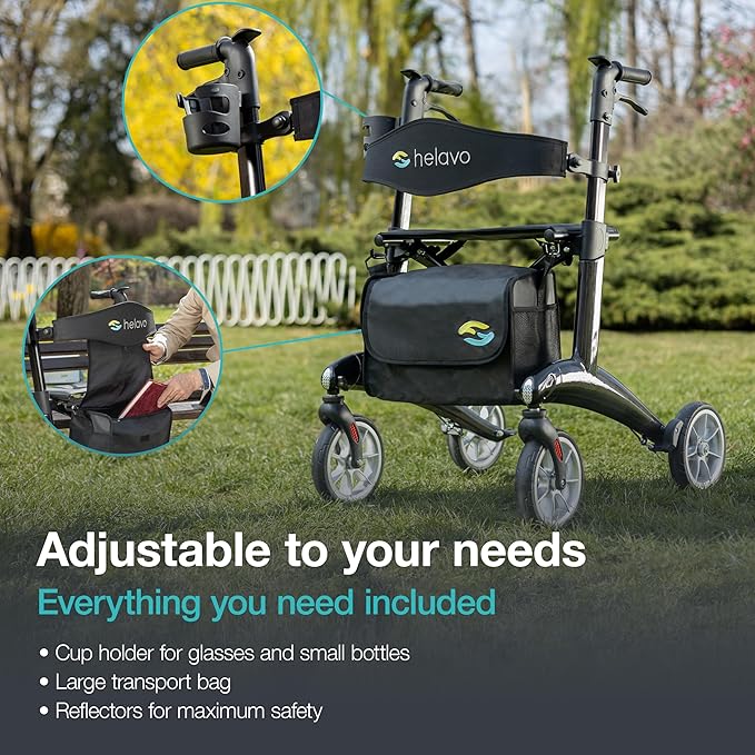 Helavo Carbon Ultralight Rollator Walker, 4 Wheel Walker with Seat and Brakes, 300 lbs Capacity, Lightweight (12.3 lbs), 8" Wheels, Height Adjustable Folding Rollator, Black