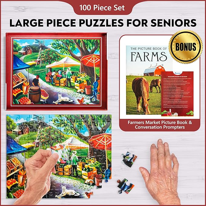 Assistex Dementia Jigsaw 100 Large Puzzle for Seniors - Alzheimer's Activity for Adults with Conversation Prompts - Best Memory Game for Patiens in Nursing Home - Build in Box Activities for Elderly