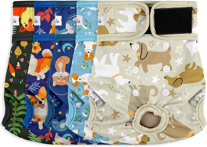 Female Dog Diapers 5Pcs - Premium Reusable Diapers for Doggie in Heat - Highly Absorbent Dog Diapers Female for Pet Incontinence with Adjustable Snaps, M