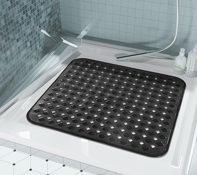 Yimobra Square Shower Mat Non Slip, Super Strong Suction Cups, 21"x21" Bath Tub Mat with Drain Holes, Machine Washable Fast Draining Bath Mats, Bathroom Essentials,Black