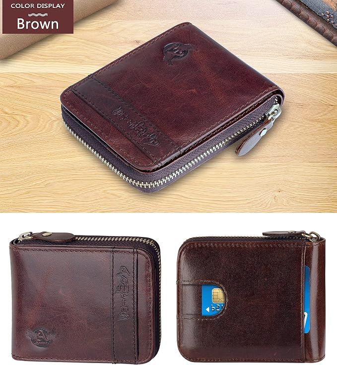 Admetus Mens Zipper Wallet Leather RFID Blocking Card Holder Zip Bifold | genuine leather,gift box packaging, ID window, 12 card slots,zip around